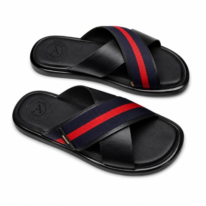 ANOVA Signature Cross-Strap Leather Slides – Black