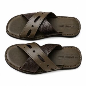 Anova Premium Unisex Cross Strap Leather Palm Slippers – Olive Brown